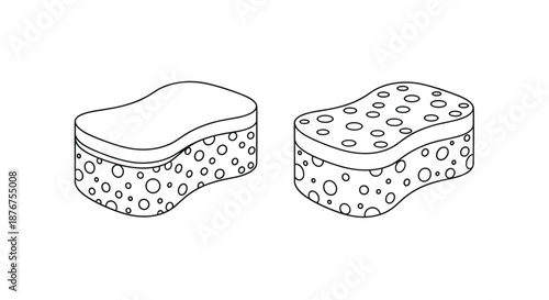 Simple black and white line art of two kitchen sponges for washing dishes, one with and one without a porous texture pattern.