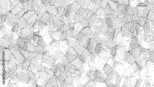 Tessellated mosaic pattern composed of irregular polygonal shapes rendered with hand-drawn hatching creating a textured, organic, and visually complex surface