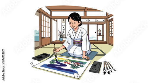 Vector illustration of a Japanese woman painting traditional art with brush and ink, creative cultural hobby and heritage activity