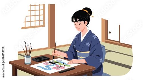 Vector illustration of a Japanese woman painting traditional art with brush and ink, creative cultural hobby and heritage activity