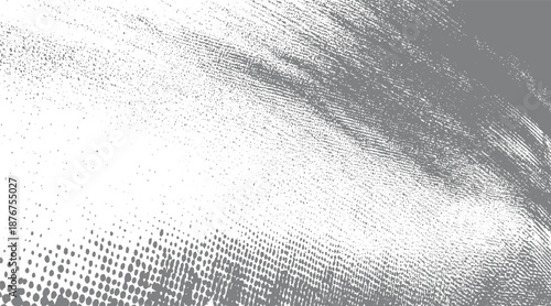 Dynamic abstract background with a gradient of gray to white, featuring a dense halftone dot pattern on the left and scattered grunge textures on the right