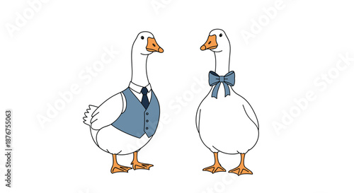 Whimsical illustration of two white geese dressed in formal attire, one wearing a vest and tie and the other a blue bow tie.
