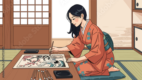 Vector illustration of a Japanese woman painting traditional art with brush and ink, creative cultural hobby and heritage activity