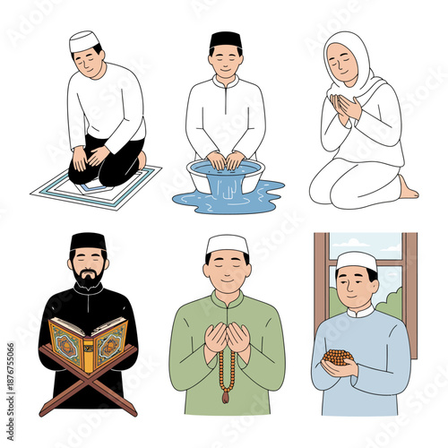 Islamic Prayer Sequence: A visual guide depicting the stages of Islamic prayer, with figures engaged in various rituals of cleansing, contemplation, and devotion. 
