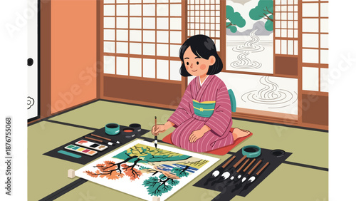 Vector illustration of a Japanese woman painting traditional art with brush and ink, creative cultural hobby and heritage activity