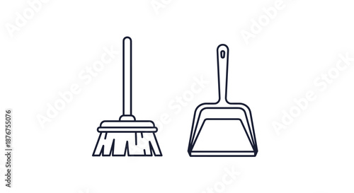 Simple black outline icons of a broom and a matching dustpan, representing household chores and cleaning supplies on a white background.