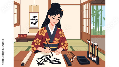 Vector illustration of a Japanese woman painting traditional art with brush and ink, creative cultural hobby and heritage activity