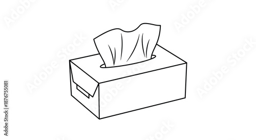 Simple black and white outline drawing of a rectangular tissue box with a facial tissue pulled out, isolated on a plain background.