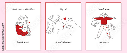 Valentine's Day illustrations with a girl and a cat. Funny anti-Valentine's quotes in line art style.