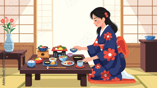 Flat vector illustration of a Japanese woman arranging a traditional meal on a low table, cultural dining preparation and lifestyle ritual