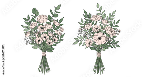 Elegant illustration of two beautiful floral bouquets with pink flowers and green leaves, tied with twine for a wedding or celebration.