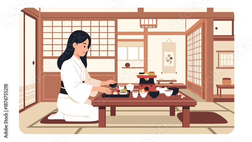 Flat vector illustration of a Japanese woman arranging a traditional meal on a low table, cultural dining preparation and lifestyle ritual