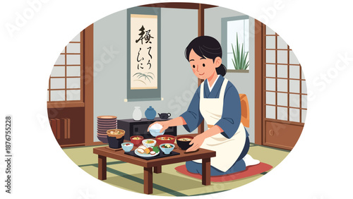 Flat vector illustration of a Japanese woman arranging a traditional meal on a low table, cultural dining preparation and lifestyle ritual