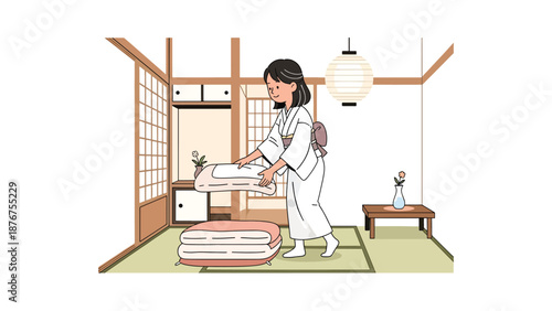 Flat vector illustration of a Japanese woman arranging bedding in a tatami room, traditional domestic lifestyle activity