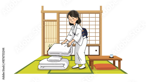 Flat vector illustration of a Japanese woman arranging bedding in a tatami room, traditional domestic lifestyle activity