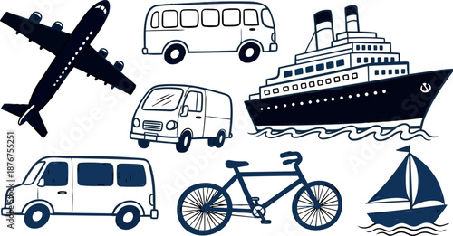 Black silhouette flat design of various transportation modes including airplane ship bicycle bus and sailboat icons