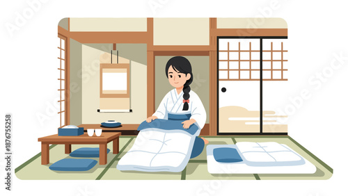 Flat vector illustration of a Japanese woman arranging bedding in a tatami room, traditional domestic lifestyle activity