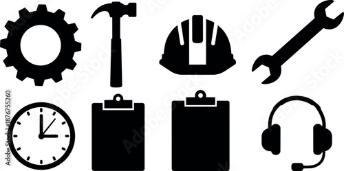 Black silhouette wrench hammer gear hardhat clipboard clock headset icons set vector illustration