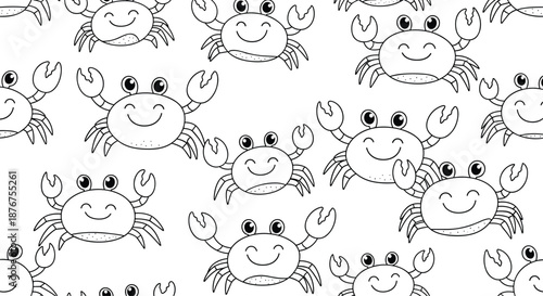 Seamless black and white pattern of cute, smiling cartoon crabs, creating a fun and playful background for summer or ocean themes.