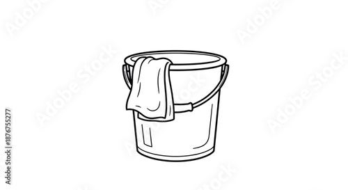 Simple black and white line drawing of a plastic bucket with a cleaning rag draped over the side, representing household chores.