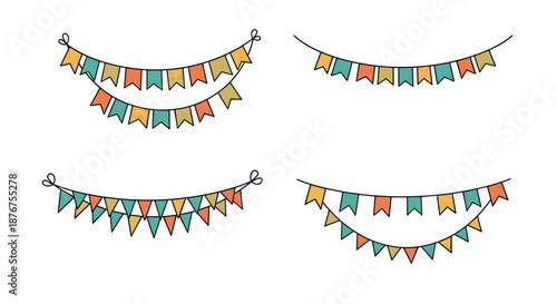 Set of four colorful, hand-drawn party bunting banners with various flag shapes, perfect for birthday and festival decorations.