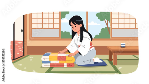 Flat vector illustration of a Japanese woman arranging bedding in a tatami room, traditional domestic lifestyle activity