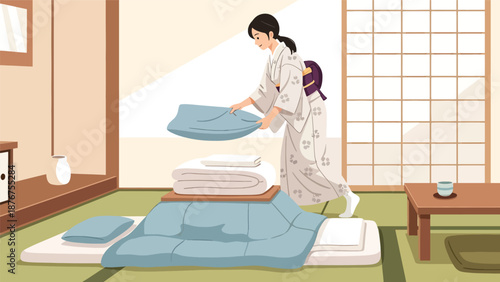 Flat vector illustration of a Japanese woman arranging bedding in a tatami room, traditional domestic lifestyle activity