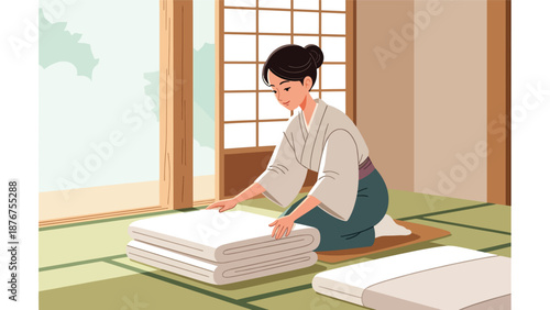 Flat vector illustration of a Japanese woman arranging bedding in a tatami room, traditional domestic lifestyle activity