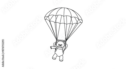 Whimsical line drawing of a brave teddy bear wearing a scarf and skydiving with a parachute, perfect for a coloring activity.