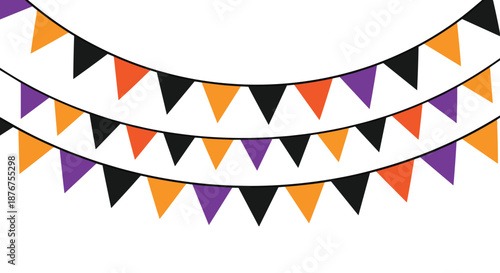 Three festive garlands of Halloween party bunting with orange, black, and purple triangular flags hanging on a white background.