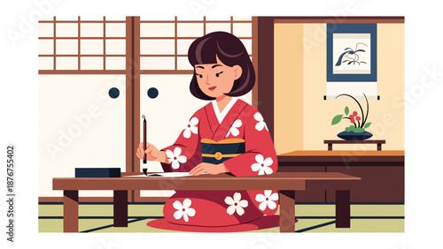 Flat vector illustration of a Japanese woman writing with brush and ink, traditional communication art and cultural lifestyle practice