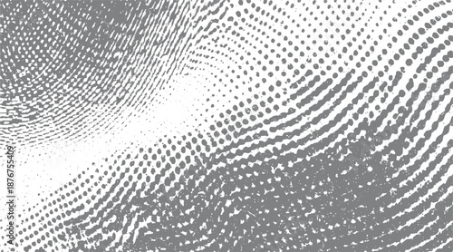 Abstract grayscale halftone pattern with distressed texture and circular wave formations creating a dynamic visual effect