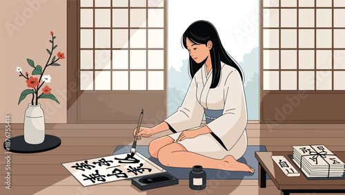 Flat vector illustration of a Japanese woman writing with brush and ink, traditional communication art and cultural lifestyle practice