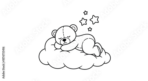 Sweet line drawing of a teddy bear sleeping peacefully on a fluffy cloud under the stars, perfect for a nursery or coloring book.