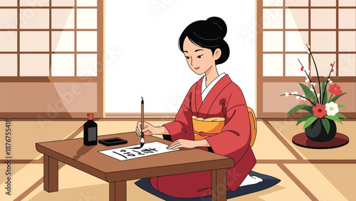Flat vector illustration of a Japanese woman writing with brush and ink, traditional communication art and cultural lifestyle practice