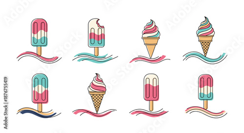 Set of eight colorful ice cream popsicles and cones with wavy lines below them, illustrated in a clean, modern line art style.