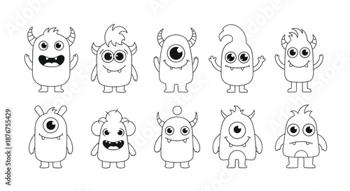Set of ten cute and funny cartoon monsters in a black and white outline style, perfect for coloring pages and children's designs.