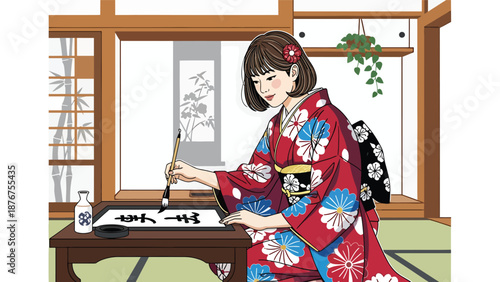 Flat vector illustration of a Japanese woman writing with brush and ink, traditional communication art and cultural lifestyle practice