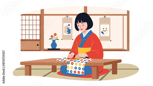 Flat vector illustration of a Japanese woman folding fabric carefully, traditional textile care and cultural lifestyle activity