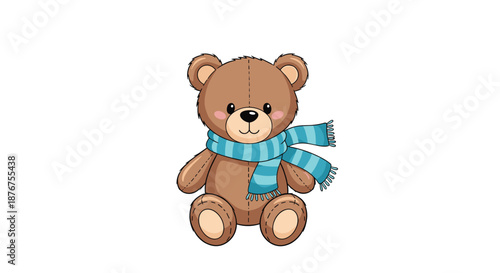 Adorable brown teddy bear toy with a cozy blue and white striped scarf, sitting sweetly with stitched details on a white background.