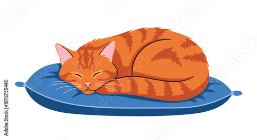 Cozy illustration of a ginger tabby cat sleeping peacefully, curled up on a soft blue pillow, isolated on a clean white background.