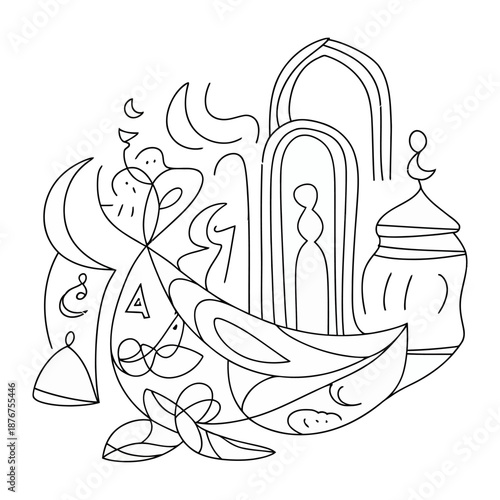 Islamic Doodle: An artistic and symbolic illustration representing the essence of Islamic culture, featuring a fusion of traditional architectural elements and symbolic motifs.