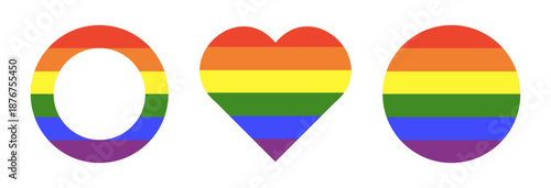 Rainbow flags. Gay pride frames collection. Progress Logo symbols mockups. LGBT circle, heart icons. Round, heart badge, button layout. Template simple design. Set of flat stickers in rainbow colors.