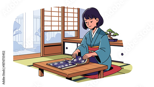 Flat vector illustration of a Japanese woman folding fabric carefully, traditional textile care and cultural lifestyle activity