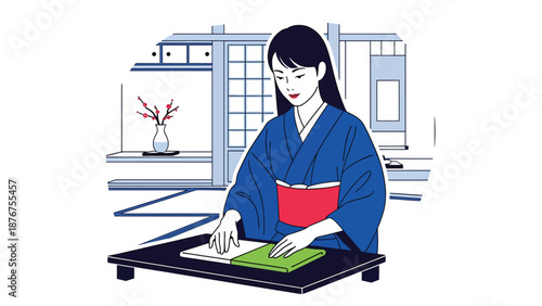Flat vector illustration of a Japanese woman folding fabric carefully, traditional textile care and cultural lifestyle activity