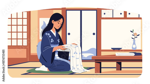 Flat vector illustration of a Japanese woman folding fabric carefully, traditional textile care and cultural lifestyle activity
