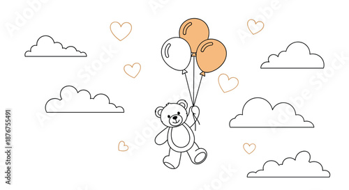 Whimsical line drawing of a teddy bear floating in the sky with balloons, surrounded by clouds and hearts for a coloring page.