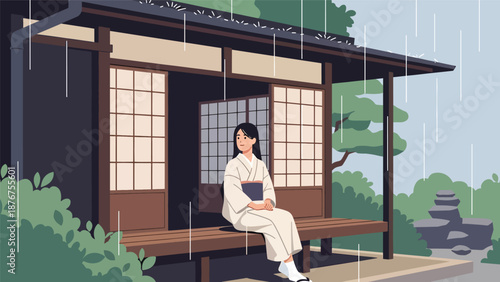 Vector illustration of a Japanese woman sitting on a veranda enjoying rain, peaceful traditional lifestyle moment