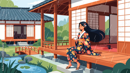 Vector illustration of a Japanese woman sitting on a veranda enjoying rain, peaceful traditional lifestyle moment
