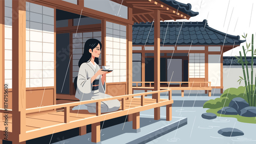 Vector illustration of a Japanese woman sitting on a veranda enjoying rain, peaceful traditional lifestyle moment